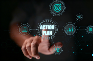 A hand pointing at a central glowing graphic that reads "ACTION PLAN," surrounded by a connected network of digital icons for goals, scheduling, growth, and web presence to map out a strategy for an MVP launch. In the bottom right corner, a blue pixelated 'P' logo represents Prox Digital Agency.