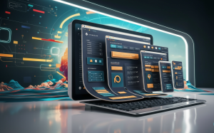A futuristic laptop display showing multiple overlapping, curved user interface windows in varying sizes, illustrating responsive web design. The background features glowing neon lights and abstract digital art represents Prox Digital Agency. 