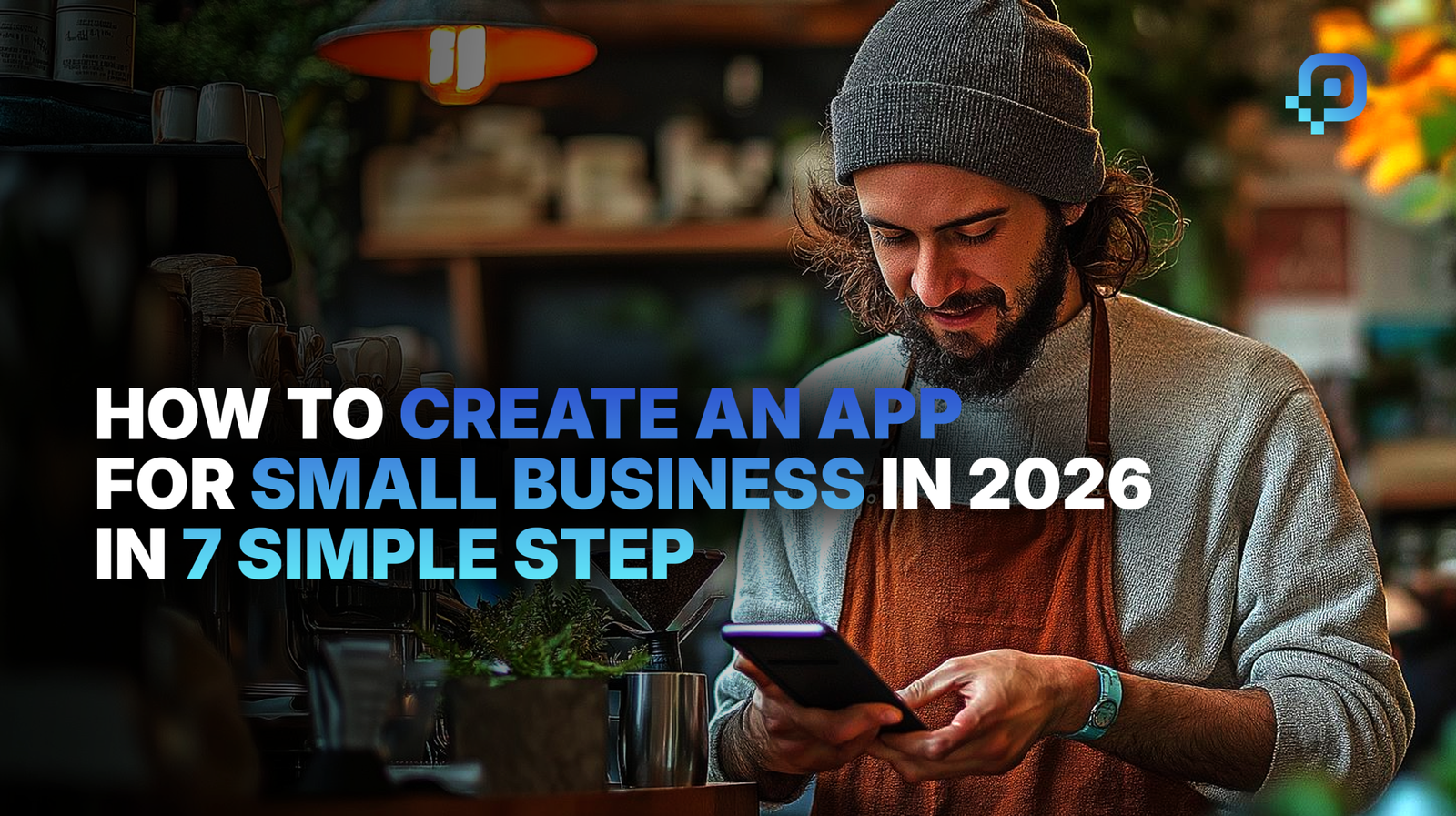 Blog cover graphic titled 'How to Create an App for Small Business in 2026 in 7 Simple Step' featuring a barista using a smartphone in a coffee shop with the Prox logo in the corner.