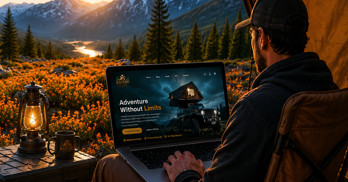 Camper using the redesigned KAVERO Camps website on a laptop at a campsite in the evening
