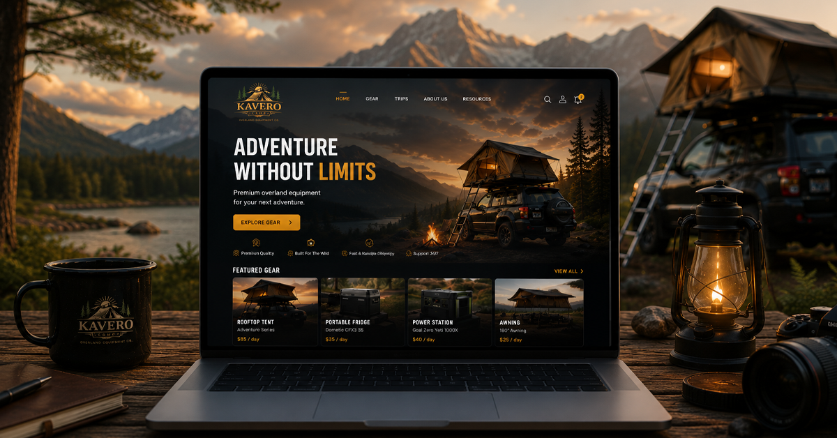 Desktop view of the redesigned KAVERO Camps homepage with the new featured gear section
